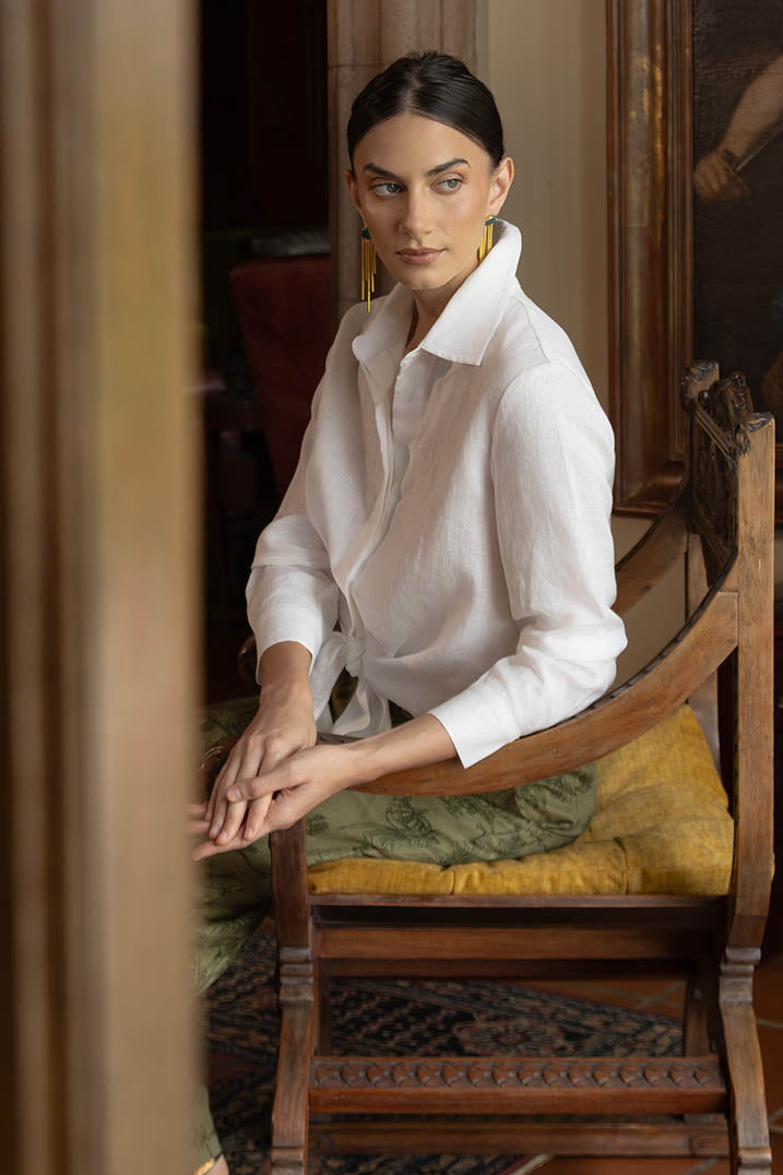 White Linen Tie Blouse